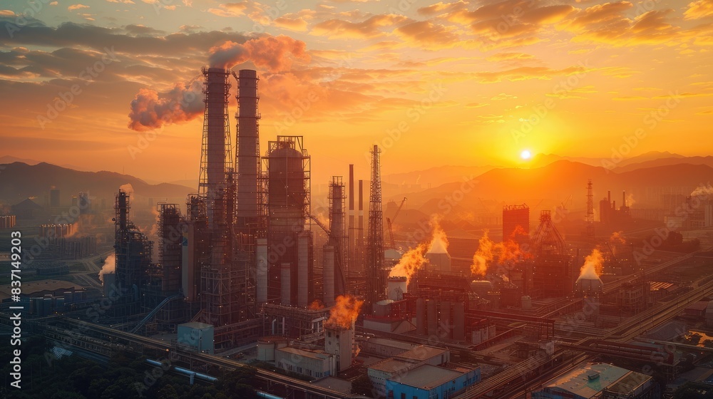 Fototapeta premium Cement plant operating during sunset with a warm, golden sky and silhouetted industrial structures