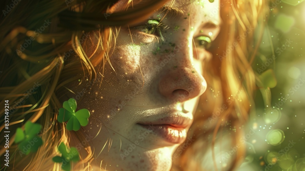 A woman with green eyes and red hair is looking at the camera. She is wearing a green leaf on her hair A woman with green eyes and red hair is looking at the camera. She is wearing a green leaf on her hair
