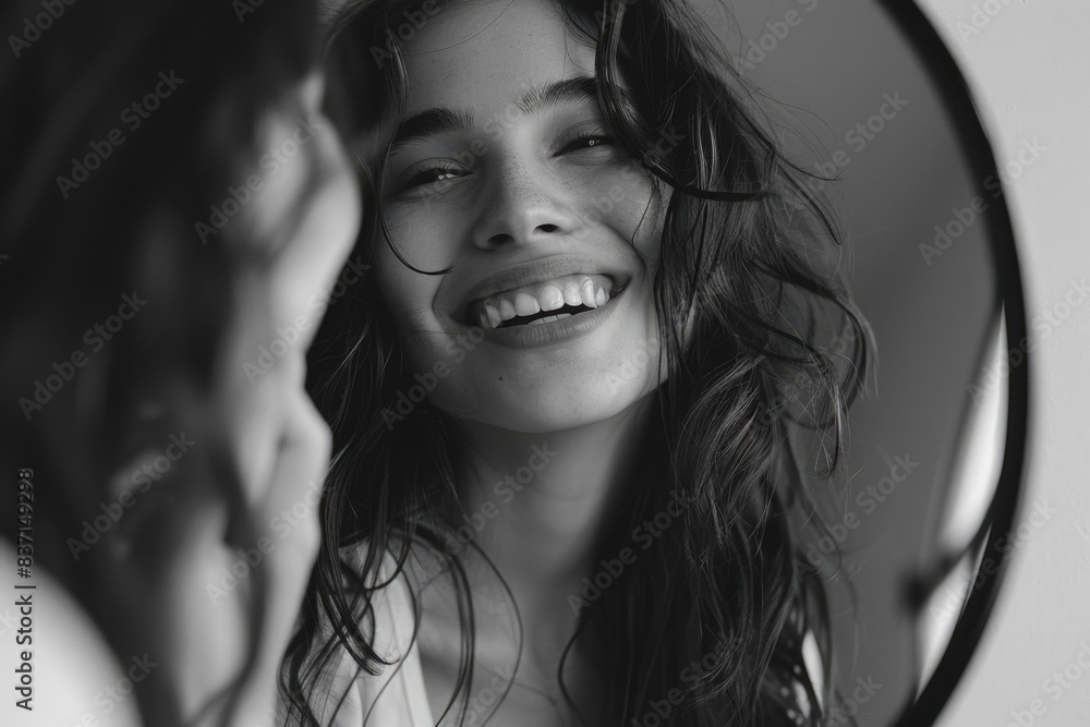A woman is smiling at her reflection in a mirror. Concept of happiness and contentment A woman is smiling at her reflection in a mirror. Concept of happiness and contentment