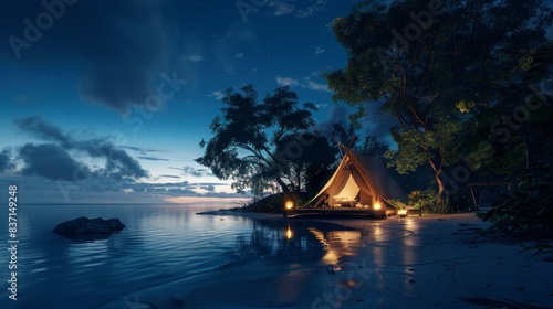 Nighttime glamping on a secluded island  illuminated by phosphorescent algae  serene and glowing.