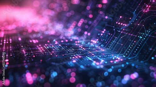 Abstract digital network interface for a blockchain-based game, with a purple and blue color scheme