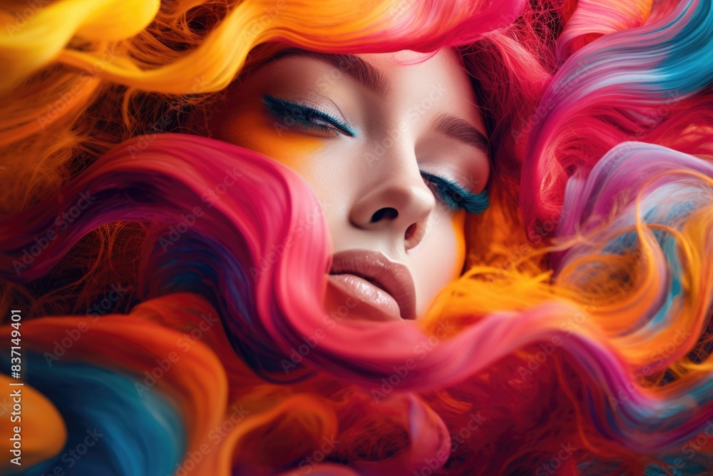 A woman with rainbow colored hair is shown in a close up. The hair is long and colorful, and the woman's face is the main focus of the image. Scene is vibrant and energetic