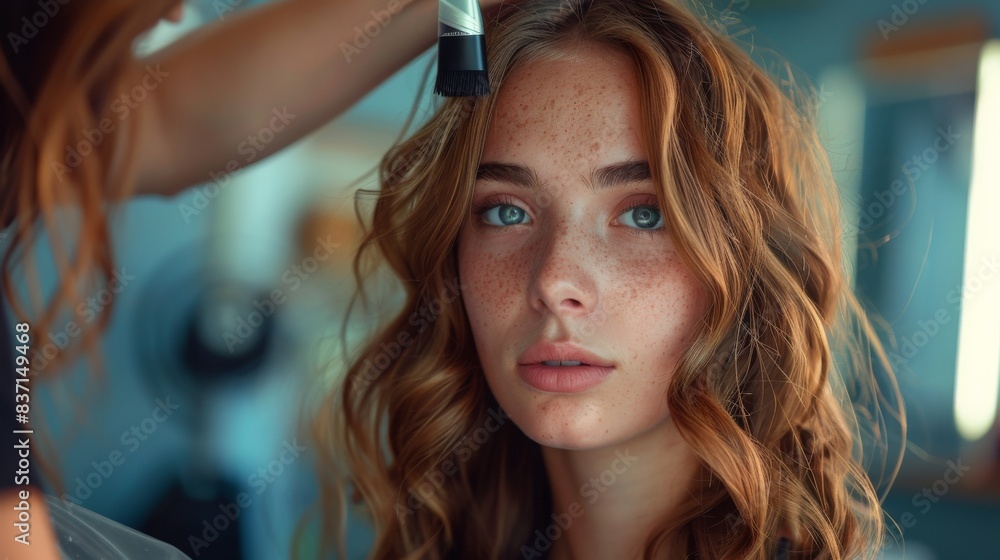 Hair stylist creating beach waves for a model's photoshoot Hair stylist creating beach waves for a model's photoshoot