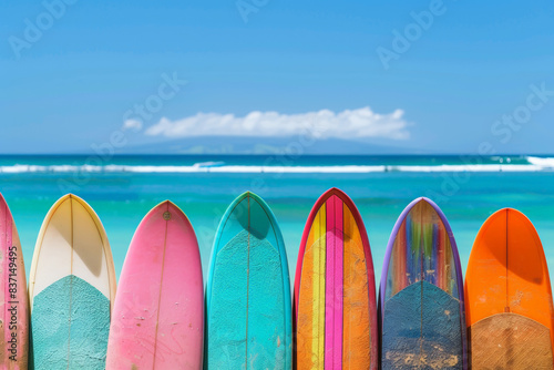 Surfboards lined up on a tropical beach with turquoise water and blue skies, enjoying the sunny weather