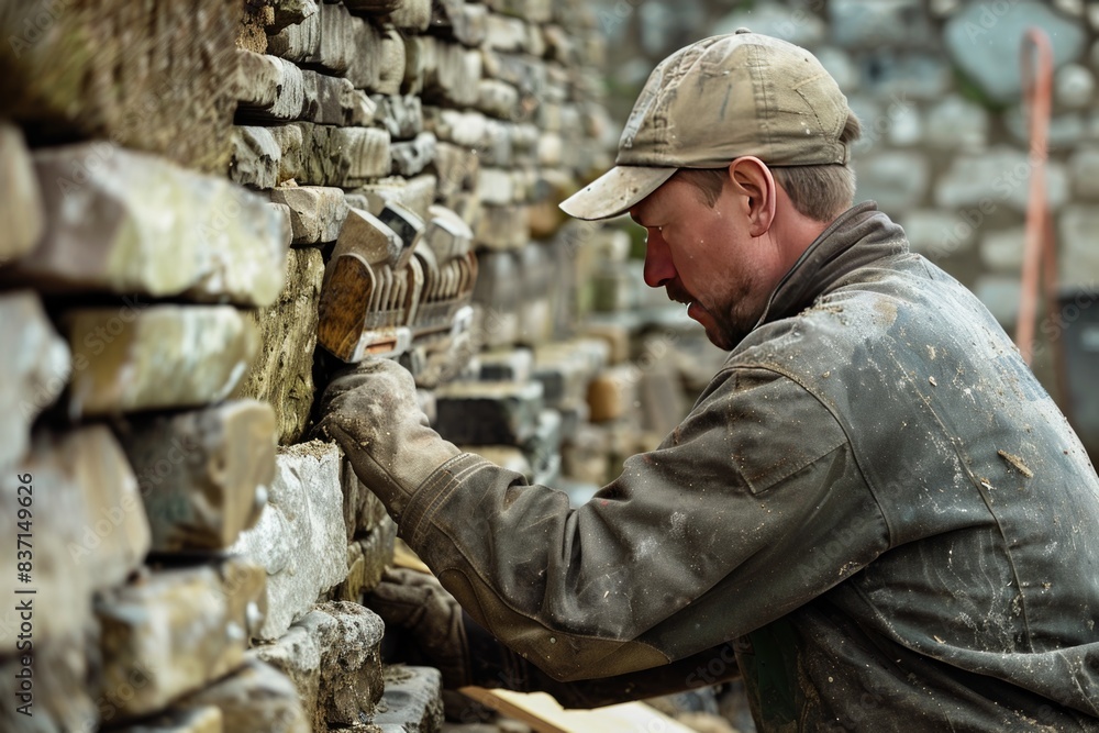 A bricklayer constructs a stone wall using wood, metal tools, and building materials like bricks and rocks. A bricklayer constructs a stone wall using wood, metal tools, and building materials like bricks and rocks.