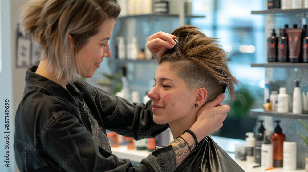 Hair stylist giving a client a chic bob cut with an undercut Hair stylist giving a client a chic bob cut with an undercut