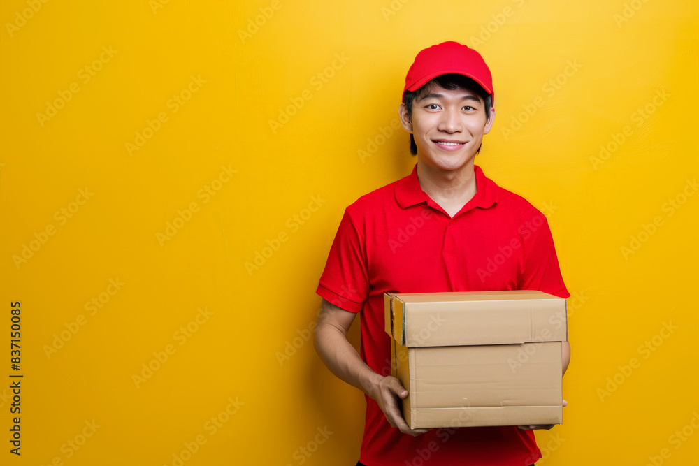 Young, friendly asian delivery man in red uniform holding cardboard boxes with a bright yellow background, exemplifying efficient delivery service Young, friendly asian delivery man in red uniform holding cardboard boxes with a bright yellow background, exemplifying efficient delivery service
