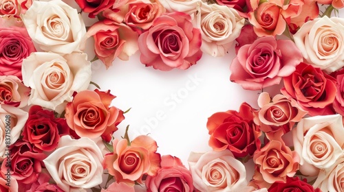 Heart-shaped arrangement of pink and red roses on a white surface.