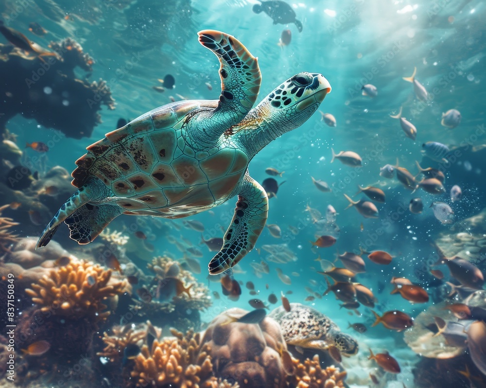 Colorful underwater marine life and turtle in a vibrant coral reef habitat with exotic ocean animals Colorful underwater marine life and turtle in a vibrant coral reef habitat with exotic ocean animals
