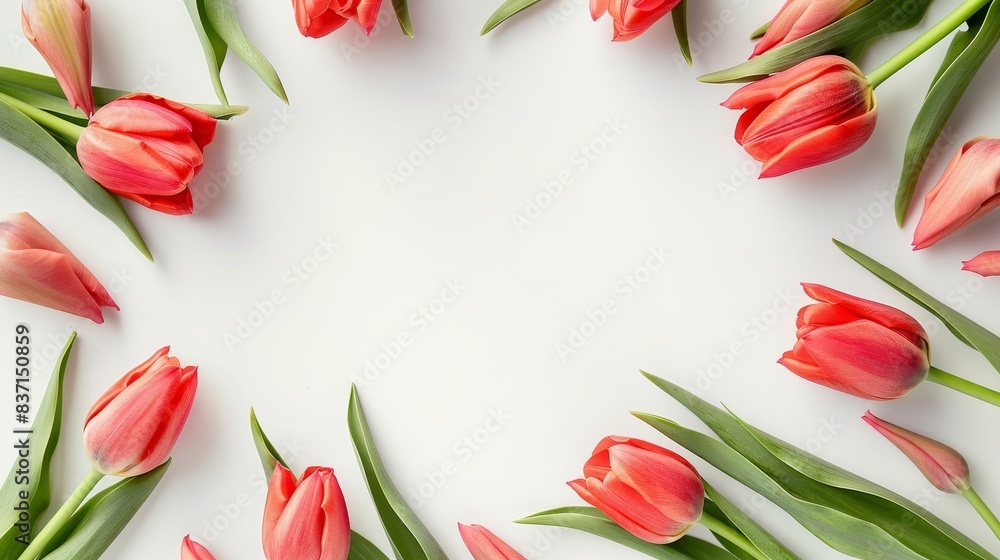 Red tulips arranged in a rectangular frame on white, highlighting their vivid colors. Red tulips arranged in a rectangular frame on white, highlighting their vivid colors.