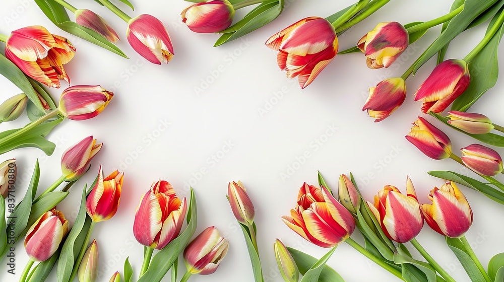 Tulips arranged in a frame with green leaves on a white background. Tulips arranged in a frame with green leaves on a white background.