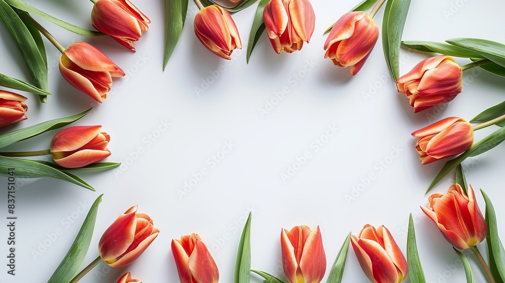 Beautiful frame of red tulips with green leaves on a white background. Beautiful frame of red tulips with green leaves on a white background.