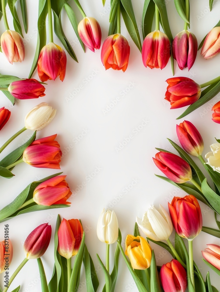 Elegant tulip frame on white, perfect for floral decorations. Elegant tulip frame on white, perfect for floral decorations.