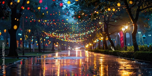  A city park adorned with decorative lights in the rain photo
