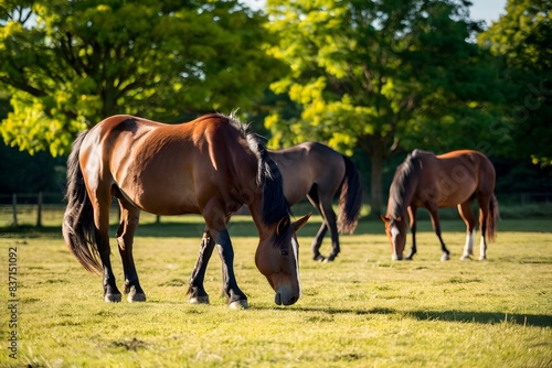 Three horses grazing in a tranquil pasture  with lush green trees and warm sunlight