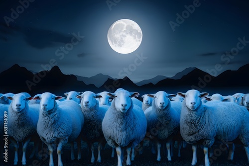Tranquil moonlit night with flock of sheep in soft light, calming atmosphere