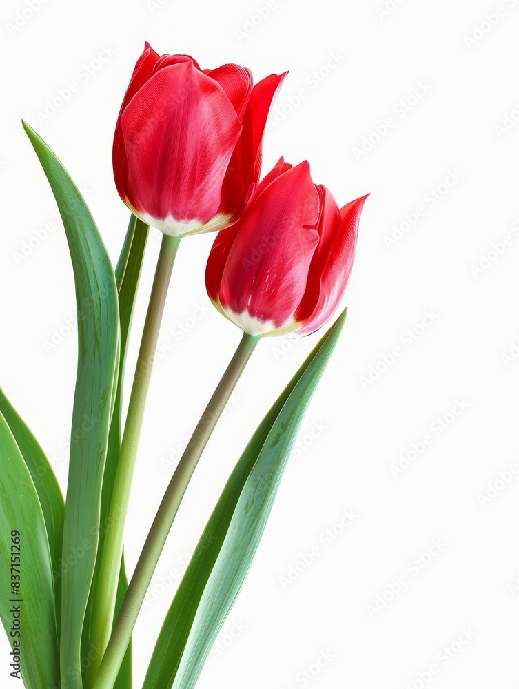 Tulips forming a vertical border on a white backdrop, showcasing vibrant red and pink flowers. Tulips forming a vertical border on a white backdrop, showcasing vibrant red and pink flowers.