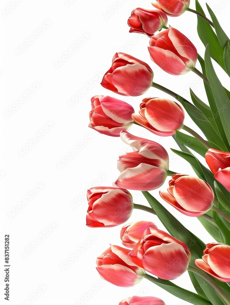 Red and white tulips forming a vertical floral frame on a white background. Red and white tulips forming a vertical floral frame on a white background.
