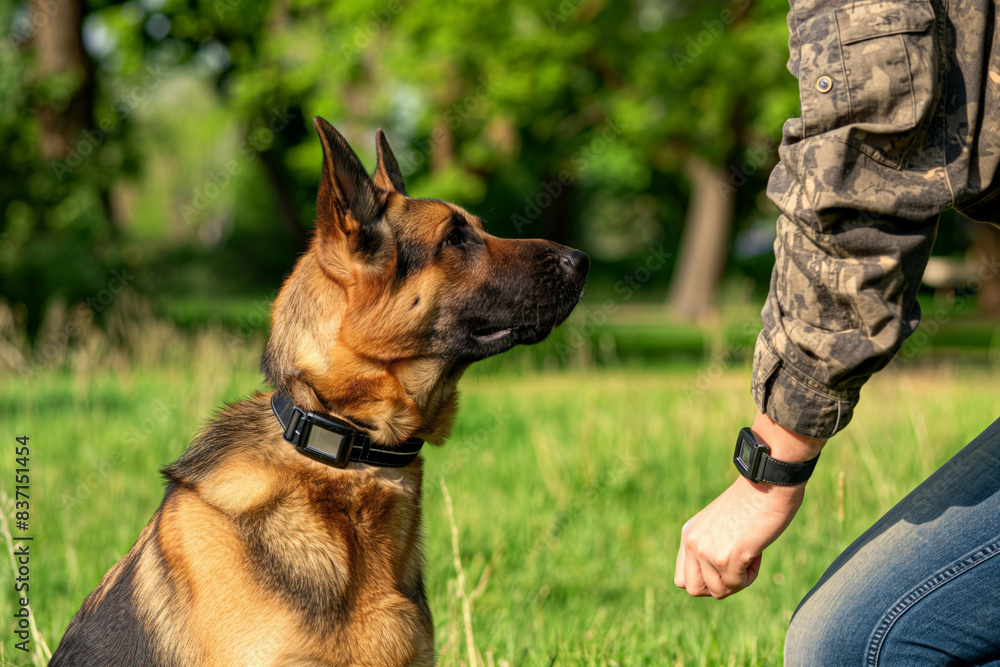 Attentive german shepherd dog sits on the grass, focusing on its owner's hand gesture in a sunny park setting, displaying obedience and training during a leisurely outdoor session Attentive german shepherd dog sits on the grass, focusing on its owner's hand gesture in a sunny park setting, displaying obedience and training during a leisurely outdoor session