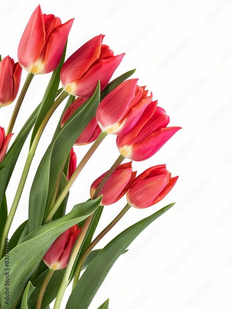Vertical frame of tulips on a white background, creating a fresh and vibrant look. Vertical frame of tulips on a white background, creating a fresh and vibrant look.