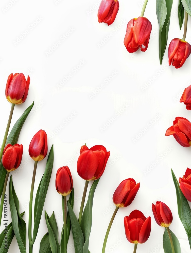 Elegant tulip arrangement with green leaves on a white backdrop. Elegant tulip arrangement with green leaves on a white backdrop.