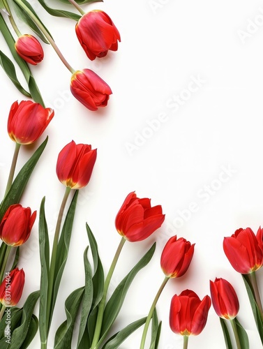 Tulips creating a vertical floral frame on a white background, ideal for spring decorations.