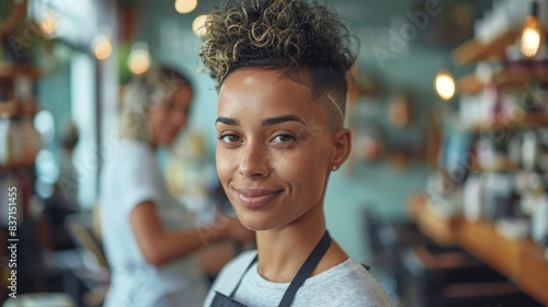 Hairdresser giving a client a trendy pixie cut