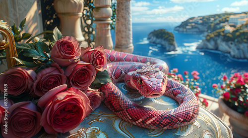 a cheerful snake with a bright pink hue reclines on a terrace chair. Beside it rests a bouquet of red roses, while the snake wears a sparkling diamond necklace and a crown atop its head. photo