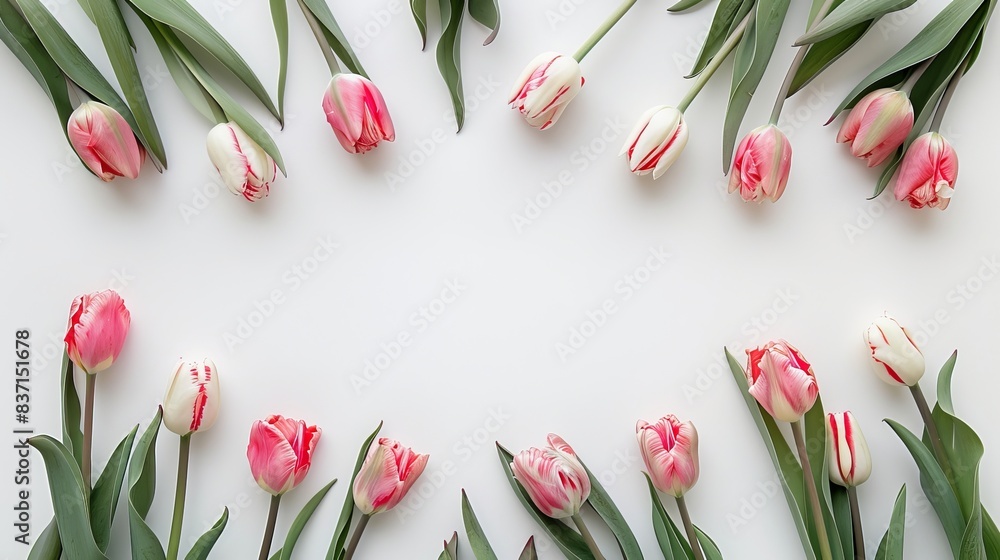 Vibrant tulip frame on white, highlighting their vibrant color and beauty. Vibrant tulip frame on white, highlighting their vibrant color and beauty.