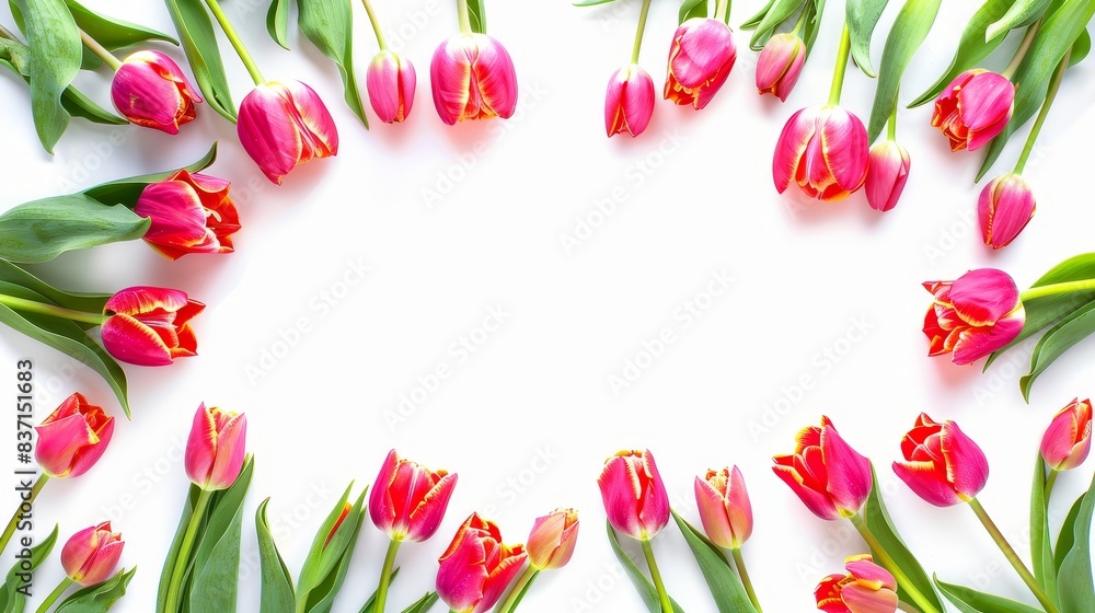 Tulips arranged in a frame with green leaves on white. Tulips arranged in a frame with green leaves on white.