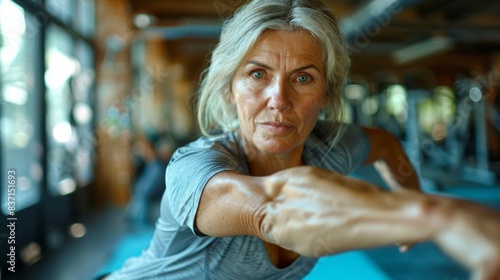 High-detail photo of a 50-year-old woman performing a side lunge  showing her abs  blurred gym scene