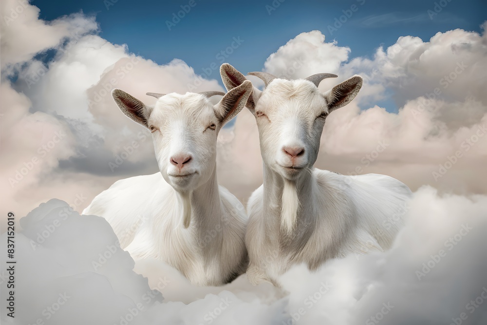 Fototapeta premium Two goats in fluffy clouds, serene sky, dreamy atmosphere, peaceful and close together
