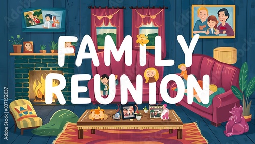 Vibrant Illustration with "Family Reunion" in a Cozy Indoor Setting