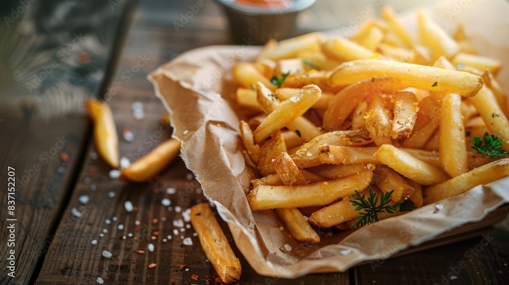 appetizing french fries served on wooden table in sunlight generative ai food photography appetizing french fries served on wooden table in sunlight generative ai food photography