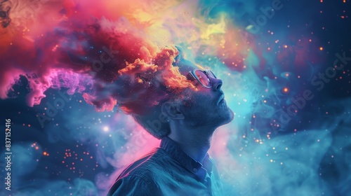 Ethereal image of a person with glasses enveloped in mystical, colorful clouds.