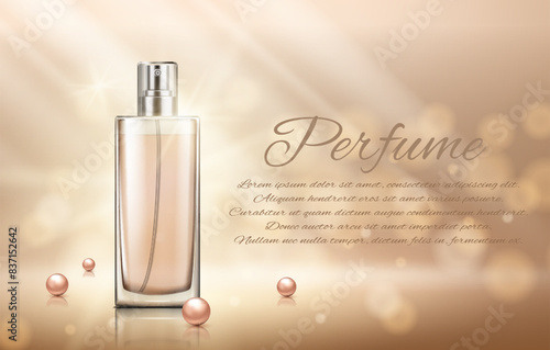 Perfume glass bottle package design on gold background with glittering bokeh elements in vector illustration