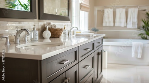 A practical, family-friendly bathroom with a double sink vanity, durable tiles, and plenty of storage for towels and toiletries. --ar 16:9 --style raw Job ID: c9ff44ab-1e7c-435a-a962-1fc56c52d3cc