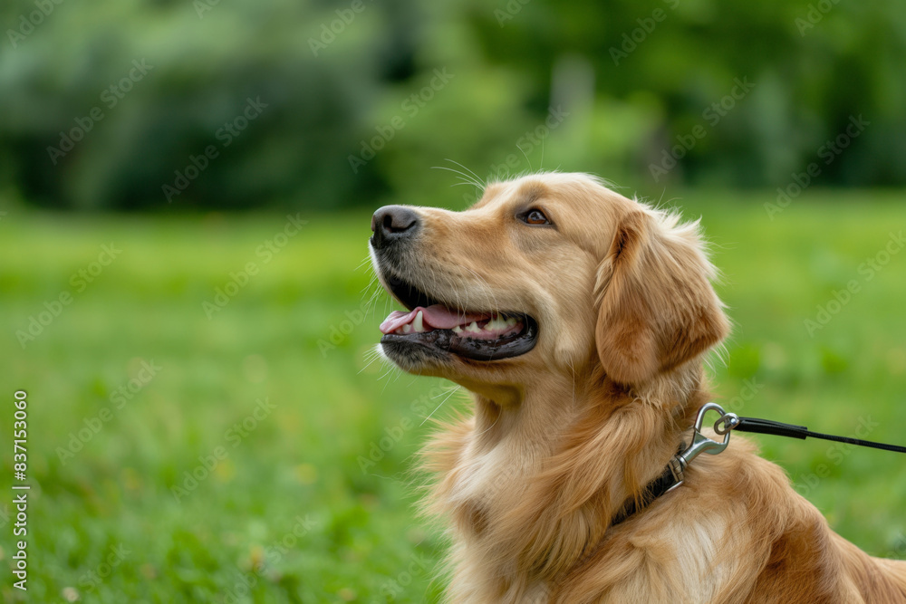 Obraz premium Charming golden retriever sits calmly in a lush green park, with a soft focus on the background, embodying tranquility and the joyful simplicity of a dog's life