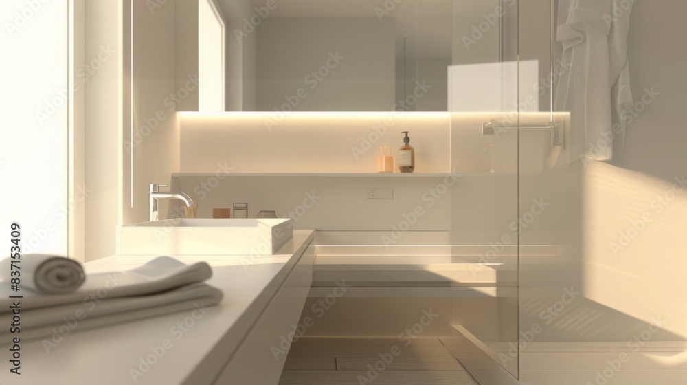 A sleek, minimalist bathroom with clean lines and a neutral color palette, featuring a wall-mounted sink and a smart mirror. The design emphasizes simplicity and functionality. --ar 16:9 --style raw A sleek, minimalist bathroom with clean lines and a neutral color palette, featuring a wall-mounted sink and a smart mirror. The design emphasizes simplicity and functionality. --ar 16:9 --style raw