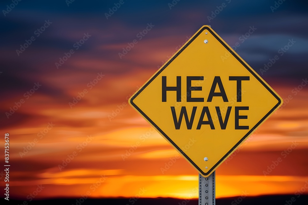Yellow road sign warns of HEAT WAVE AHEAD against fiery sunset backdrop Yellow road sign warns of HEAT WAVE AHEAD against fiery sunset backdrop