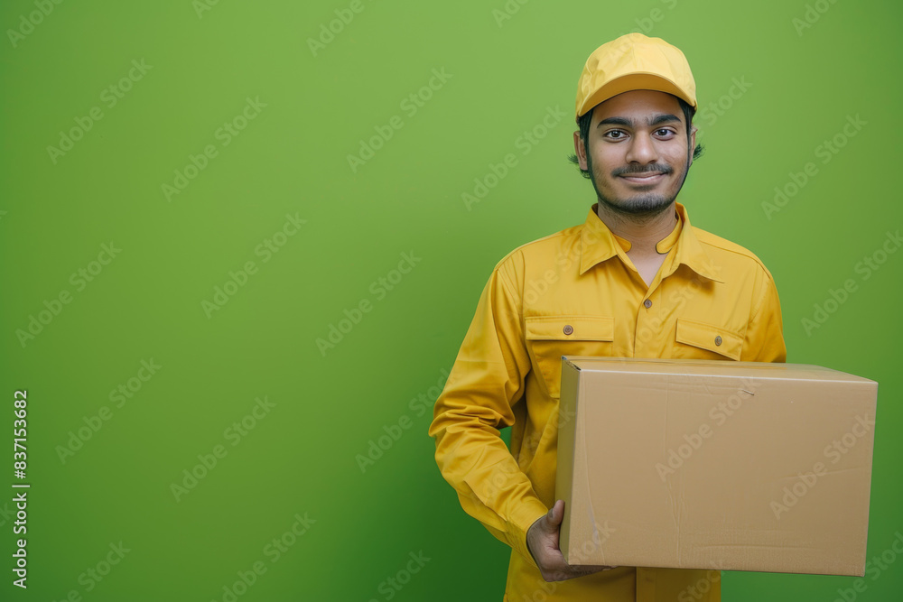 Smiling Indian delivery service worker in yellow uniform holding a cardboard box on a vibrant green background, expressing efficiency and reliability Smiling Indian delivery service worker in yellow uniform holding a cardboard box on a vibrant green background, expressing efficiency and reliability