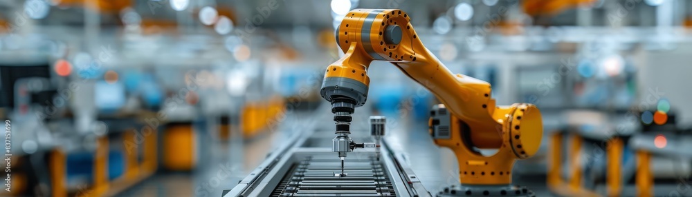 Dynamic perspective of a robotic arm amidst a bustling industrial setting, emphasizing the role of automation in enhancing productivity Dynamic perspective of a robotic arm amidst a bustling industrial setting, emphasizing the role of automation in enhancing productivity