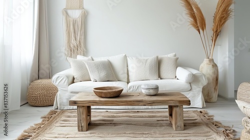 boho modern living room interior with wooden coffee table and white sofa home decor