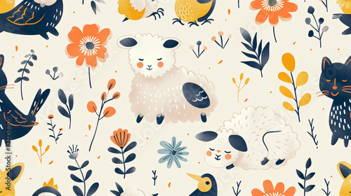 Adorable seamless pattern with baby animals like sheep, cats, and birds
