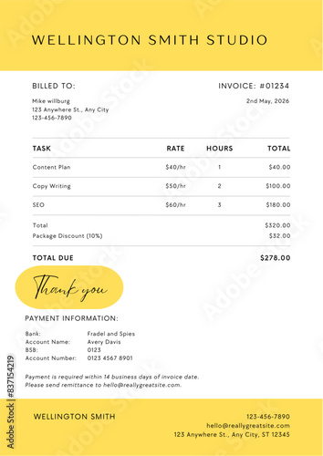 Yellow White Minimalist Elegant Freelancer Invoice