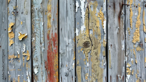Detailed shot of a weathered wooden fence with peeling paint and rustic charm © indyntk