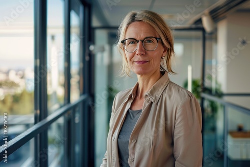 A confident middleaged woman stands in a modern corporate business office, exuding leadership and success