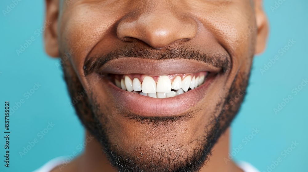 Naklejka premium closeup portrait of happy man with perfect white teeth smiling dental health and hygiene