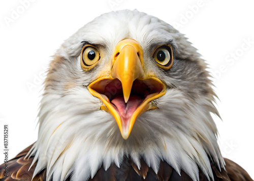 Close up portrait of a surprised bald eagle WHITE BACKGROUND. AI GENERATED