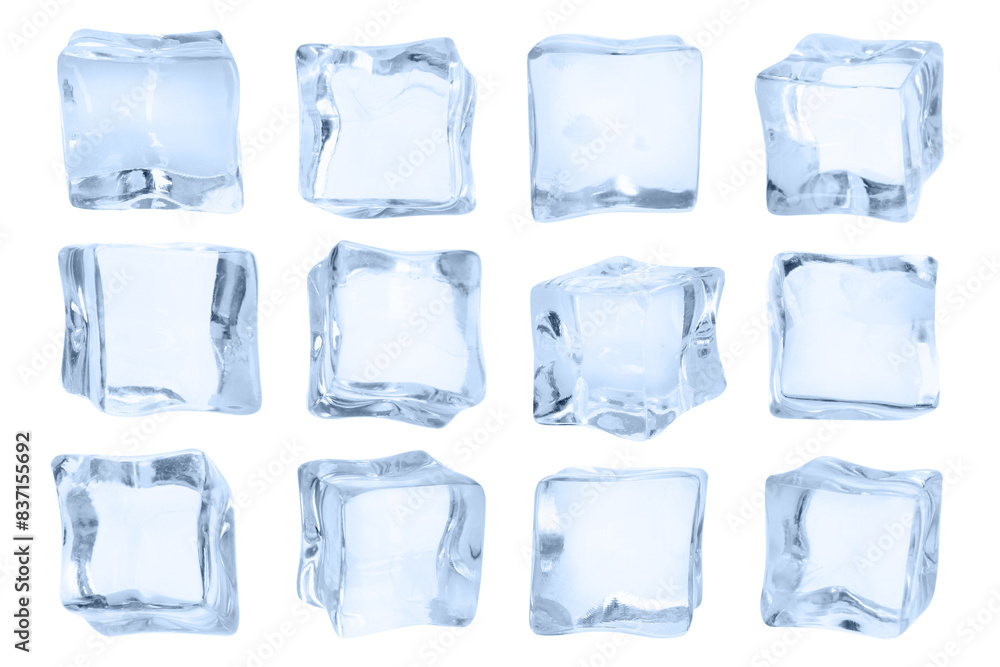 Crystal clear ice cubes isolated on white, set Crystal clear ice cubes isolated on white, set